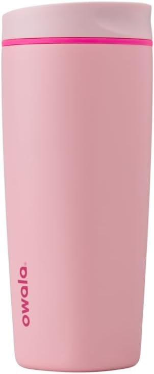 Owala SmoothSip Slider Insulated Stainless Steel Coffee Tumbler, Reusable Iced Coffee Cup, Hot Coffee Travel Mug, BPA Free 12 oz, Pink/Tan (Daybreak)