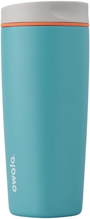 Owala SmoothSip Slider Insulated Stainless Steel Coffee Tumbler, Reusable Iced Coffee Cup, Hot Coffee Travel Mug, BPA Free 12 oz, Pink/Tan (Daybreak)
