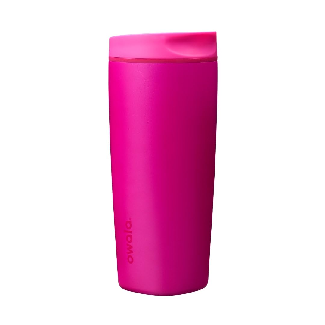 Owala SmoothSip Slider Insulated Stainless Steel Coffee Tumbler, Reusable Iced Coffee Cup, Hot Coffee Travel Mug, BPA Free 12 oz, Pink/Tan (Daybreak)