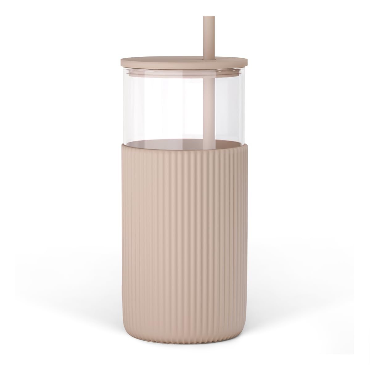 SANDJEST Glass Tumbler with Straw and Lid, Glass Water Bottle with Silicone Sleeve 20oz, Smoothie, Iced Coffee Cup, Gifts for Women Teen Girls Birthday Christmas (Cream)