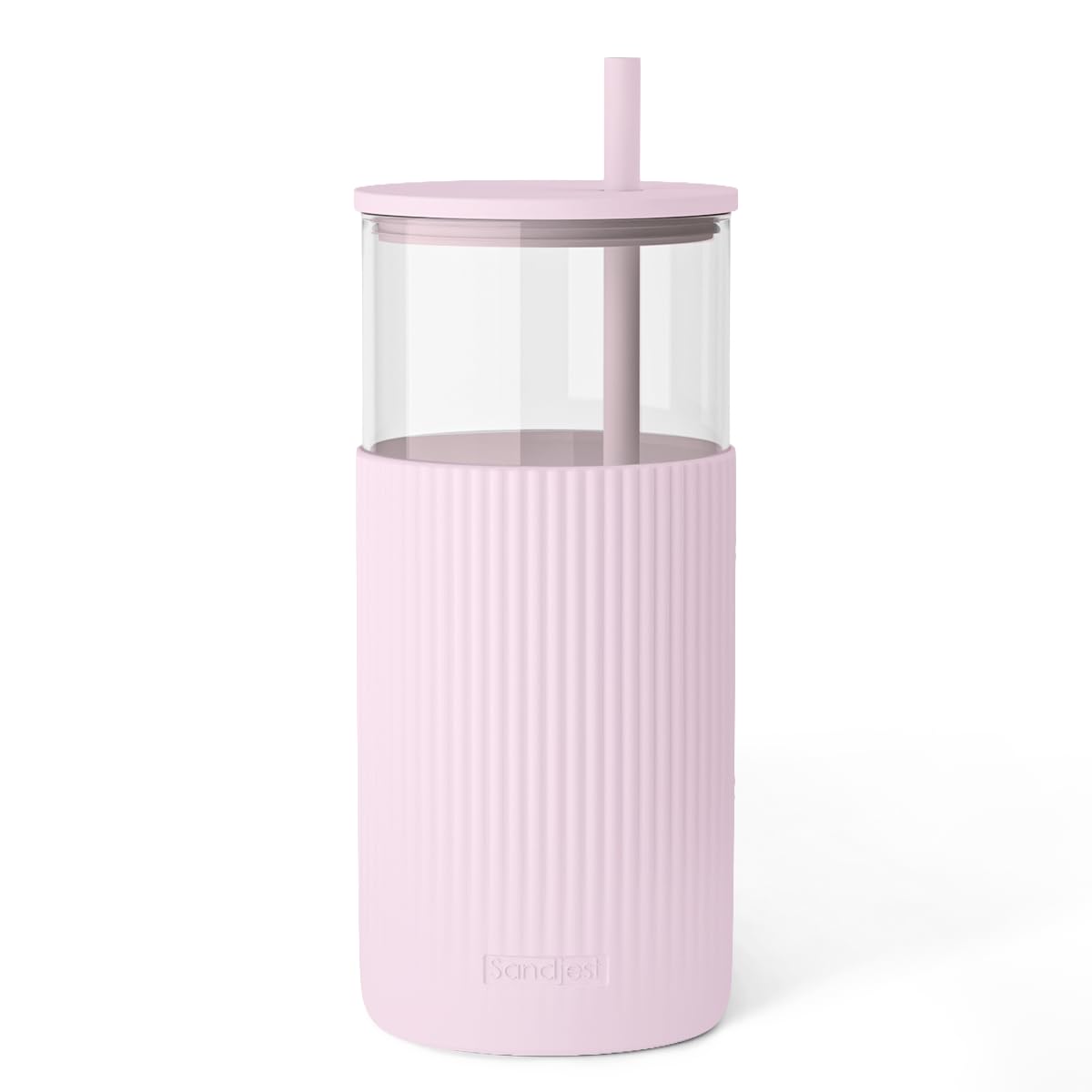 SANDJEST Glass Tumbler with Straw and Lid, Glass Water Bottle with Silicone Sleeve 20oz, Smoothie, Iced Coffee Cup, Gifts for Women Teen Girls Birthday Christmas (Cream)