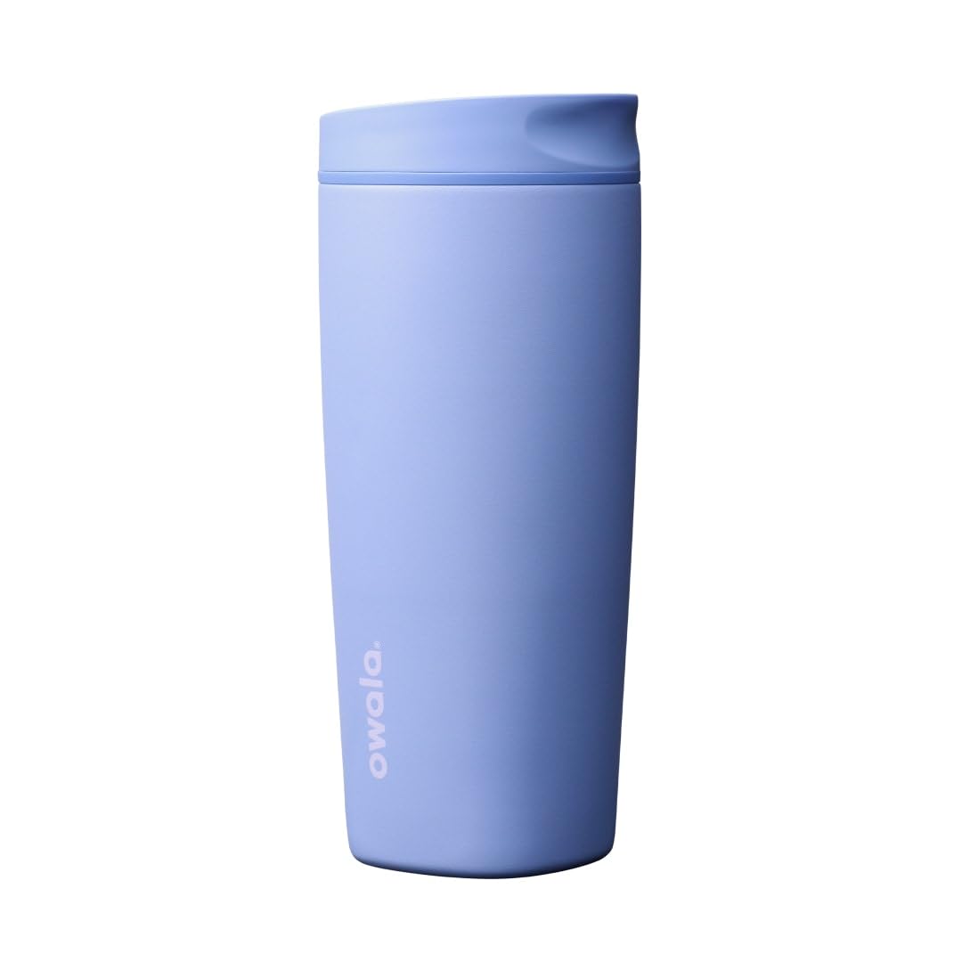 Owala SmoothSip Slider Insulated Stainless Steel Coffee Tumbler, Reusable Iced Coffee Cup, Hot Coffee Travel Mug, BPA Free 12 oz, Pink/Tan (Daybreak)