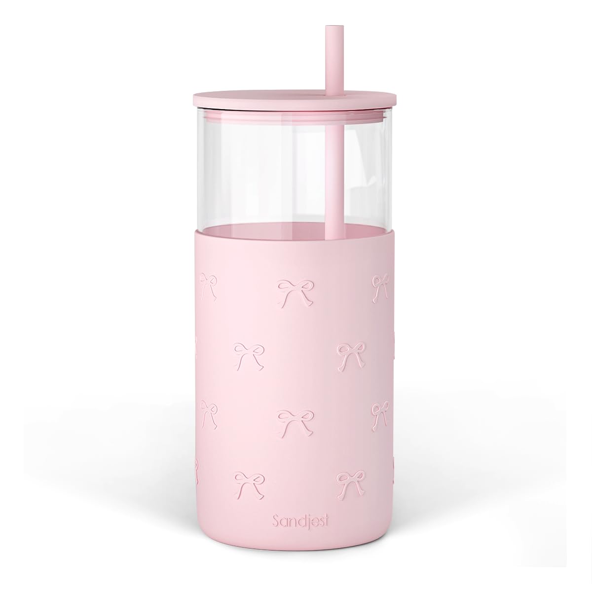 SANDJEST Glass Tumbler with Straw and Lid, Glass Water Bottle with Silicone Sleeve 20oz, Smoothie, Iced Coffee Cup, Gifts for Women Teen Girls Birthday Christmas (Cream)