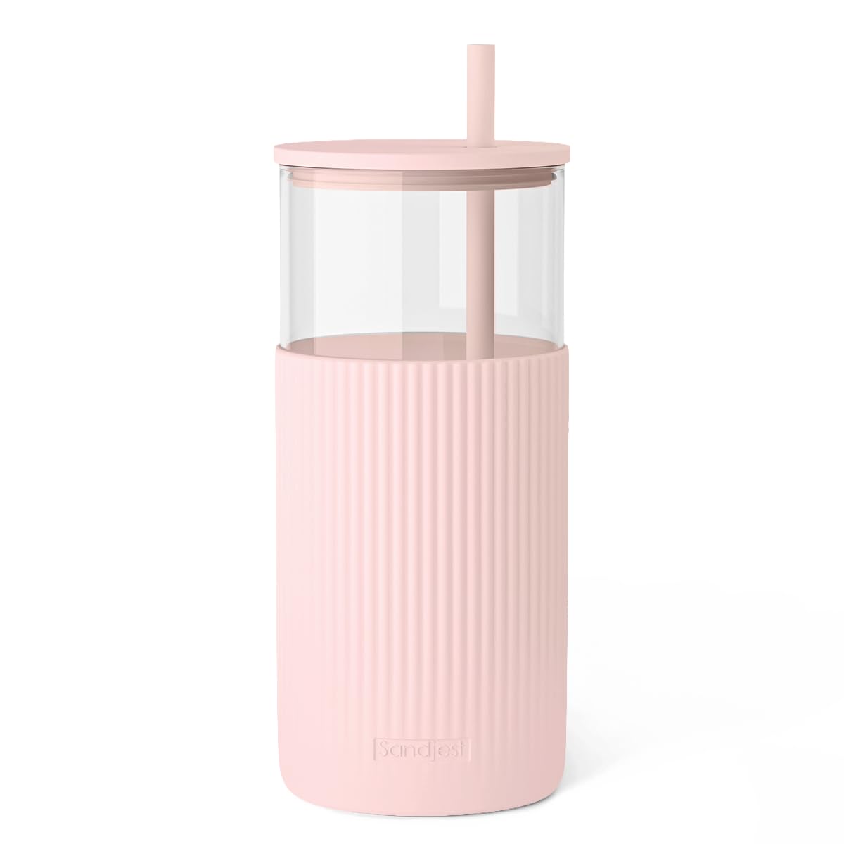 SANDJEST Glass Tumbler with Straw and Lid, Glass Water Bottle with Silicone Sleeve 20oz, Smoothie, Iced Coffee Cup, Gifts for Women Teen Girls Birthday Christmas (Cream)