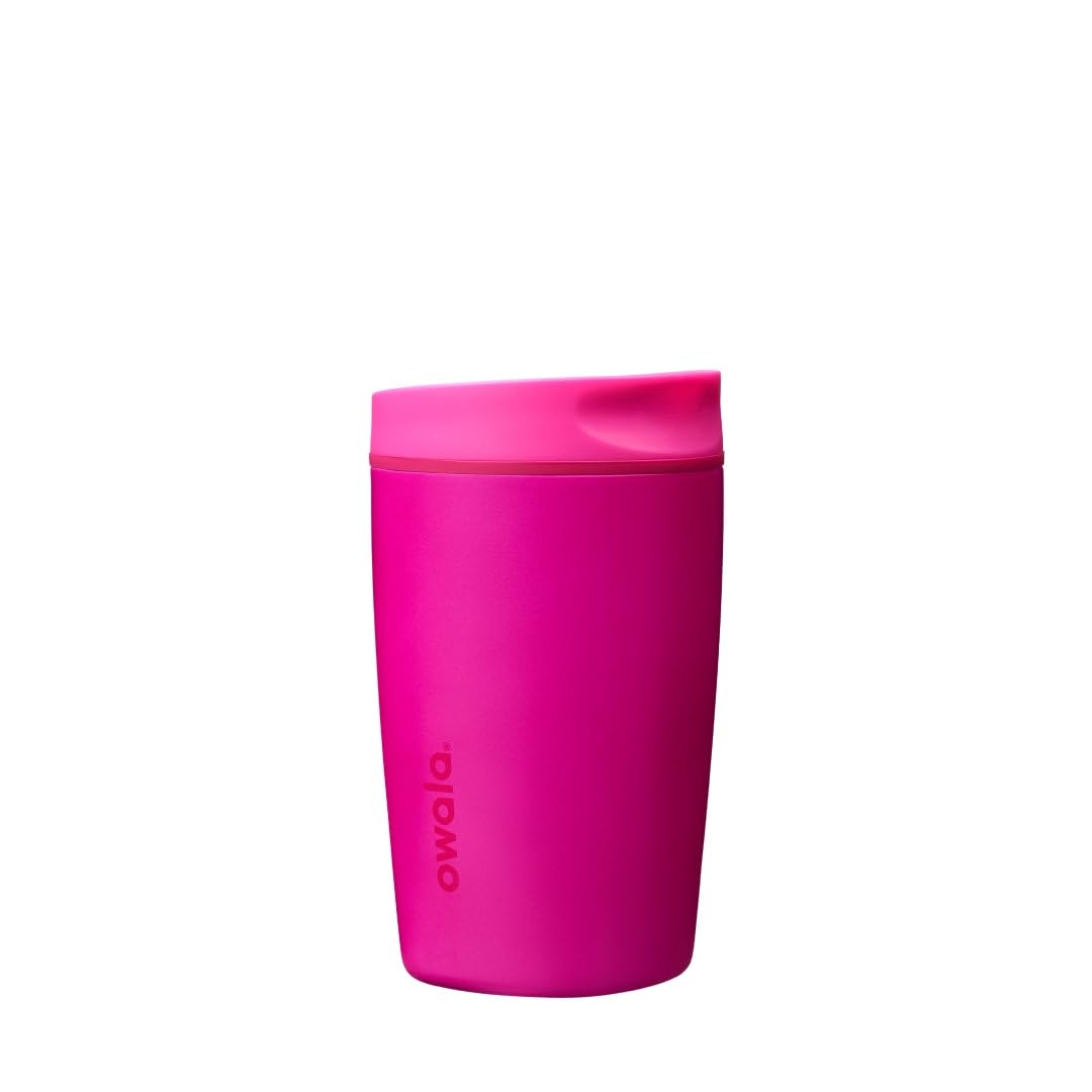 Owala SmoothSip Slider Insulated Stainless Steel Coffee Tumbler, Reusable Iced Coffee Cup, Hot Coffee Travel Mug, BPA Free 12 oz, Pink/Tan (Daybreak)