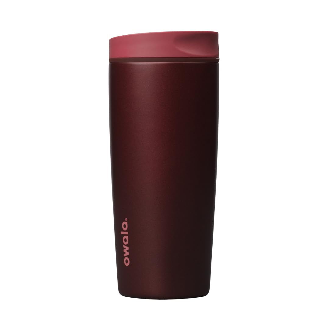 Owala SmoothSip Slider Insulated Stainless Steel Coffee Tumbler, Reusable Iced Coffee Cup, Hot Coffee Travel Mug, BPA Free 12 oz, Pink/Tan (Daybreak)