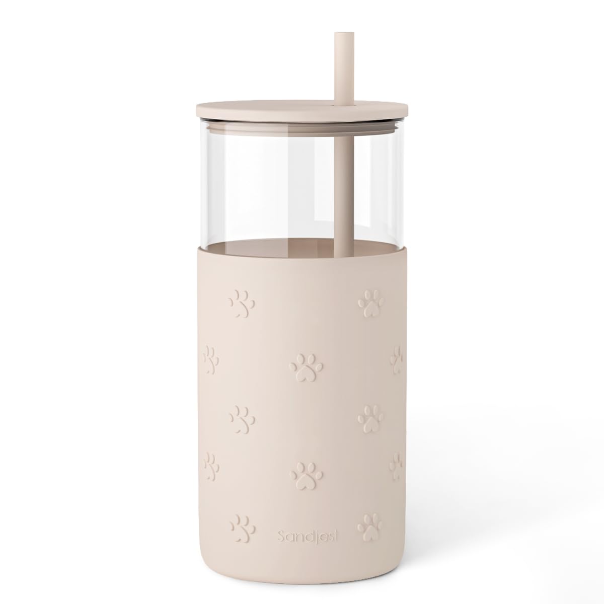 SANDJEST Glass Tumbler with Straw and Lid, Glass Water Bottle with Silicone Sleeve 20oz, Smoothie, Iced Coffee Cup, Gifts for Women Teen Girls Birthday Christmas (Cream)