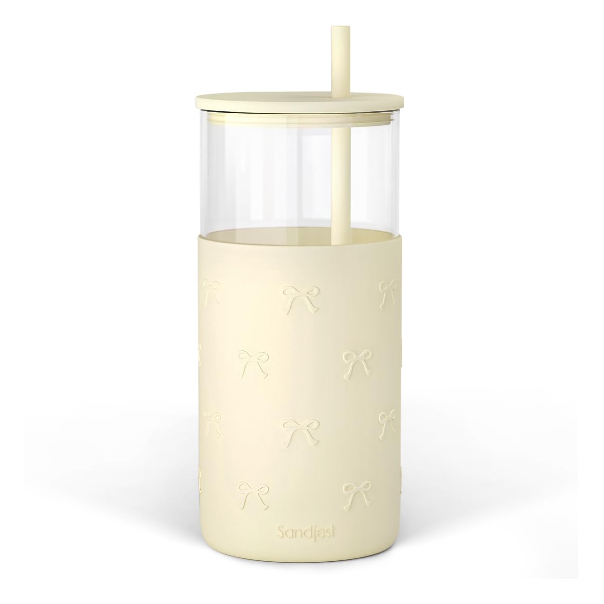 SANDJEST Glass Tumbler with Straw and Lid, Glass Water Bottle with Silicone Sleeve 20oz, Smoothie, Iced Coffee Cup, Gifts for Women Teen Girls Birthday Christmas (Cream)