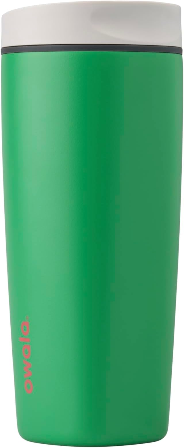 Owala SmoothSip Slider Insulated Stainless Steel Coffee Tumbler, Reusable Iced Coffee Cup, Hot Coffee Travel Mug, BPA Free 12 oz, Pink/Tan (Daybreak)
