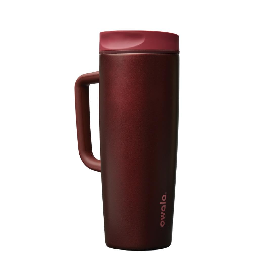 Owala SmoothSip Slider Insulated Stainless Steel Coffee Tumbler, Reusable Iced Coffee Cup, Hot Coffee Travel Mug, BPA Free 12 oz, Pink/Tan (Daybreak)
