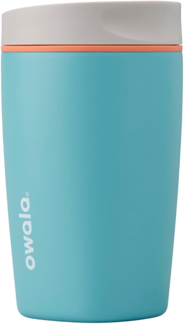 Owala SmoothSip Slider Insulated Stainless Steel Coffee Tumbler, Reusable Iced Coffee Cup, Hot Coffee Travel Mug, BPA Free 12 oz, Pink/Tan (Daybreak)