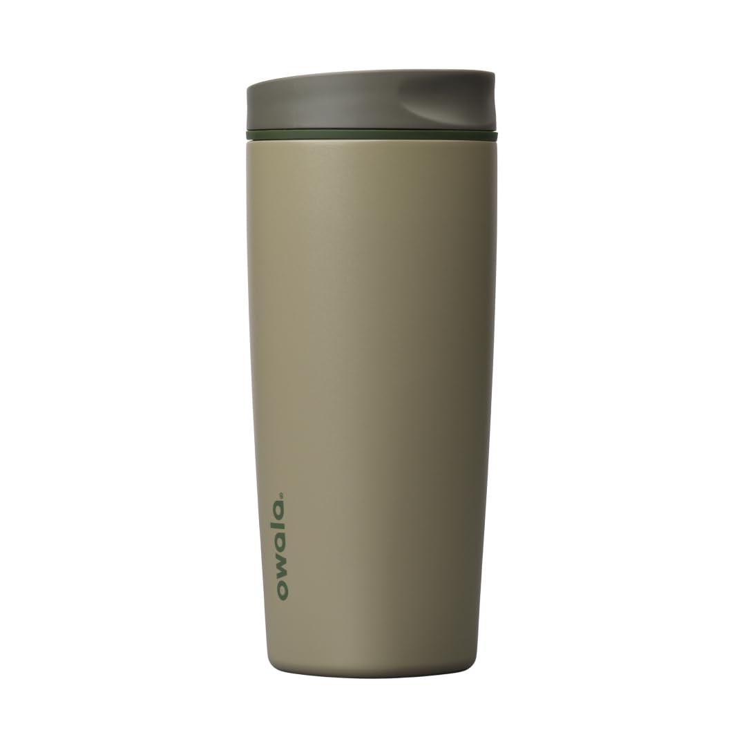 Owala SmoothSip Slider Insulated Stainless Steel Coffee Tumbler, Reusable Iced Coffee Cup, Hot Coffee Travel Mug, BPA Free 12 oz, Pink/Tan (Daybreak)