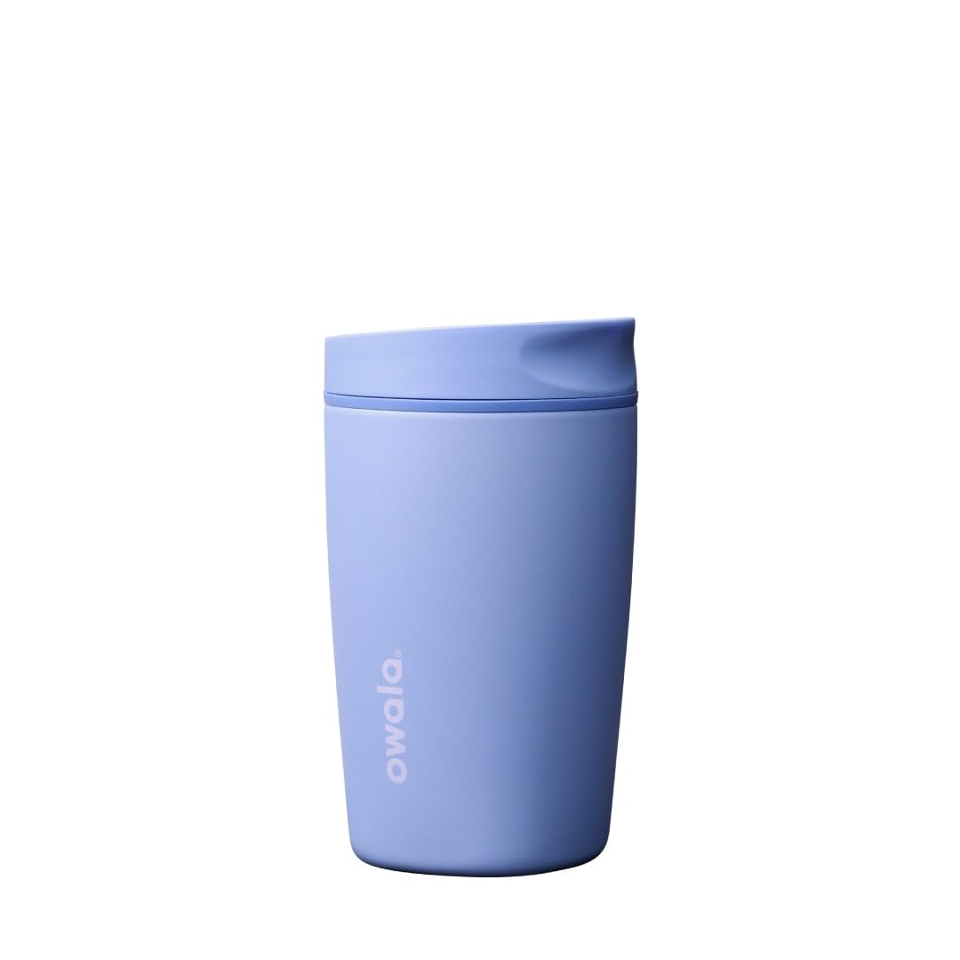 Owala SmoothSip Slider Insulated Stainless Steel Coffee Tumbler, Reusable Iced Coffee Cup, Hot Coffee Travel Mug, BPA Free 12 oz, Pink/Tan (Daybreak)