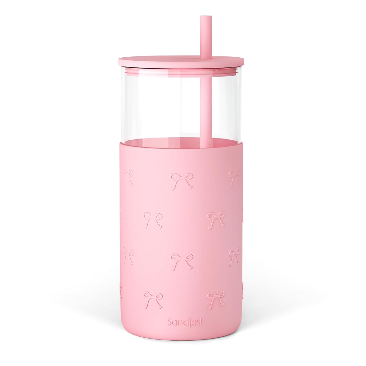 SANDJEST Glass Tumbler with Straw and Lid, Glass Water Bottle with Silicone Sleeve 20oz, Smoothie, Iced Coffee Cup, Gifts for Women Teen Girls Birthday Christmas (Cream)
