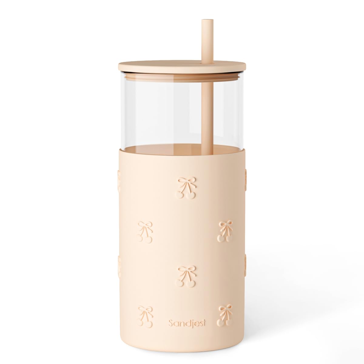 SANDJEST Glass Tumbler with Straw and Lid, Glass Water Bottle with Silicone Sleeve 20oz, Smoothie, Iced Coffee Cup, Gifts for Women Teen Girls Birthday Christmas (Cream)