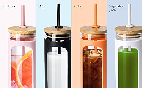 Kodrine 20oz Glass Water Tumbler with Straw and Lid, Bamboo Lids Water Bottle, Iced Coffee Cup Reusable, Wide Mouth Smoothie Cups with Protective Silicone Sleeve BPA FREE-Amber