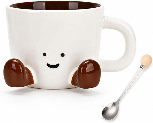 Cute Ceramic Mug, 12.8oz/380ml Unique Handcrafted Shape Coffee Cup with Smile Face, Adorable Kawaii Drinkware Gift for Women