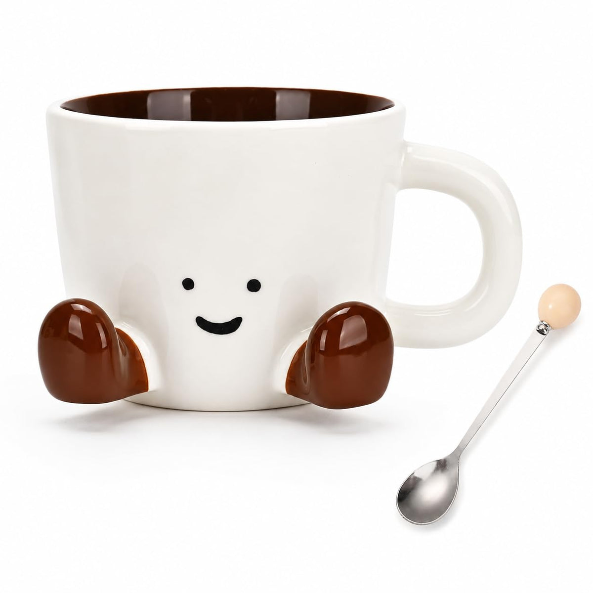 Cute Ceramic Mug, 12.8oz/380ml Unique Handcrafted Shape Coffee Cup with Smile Face, Adorable Kawaii Drinkware Gift for Women