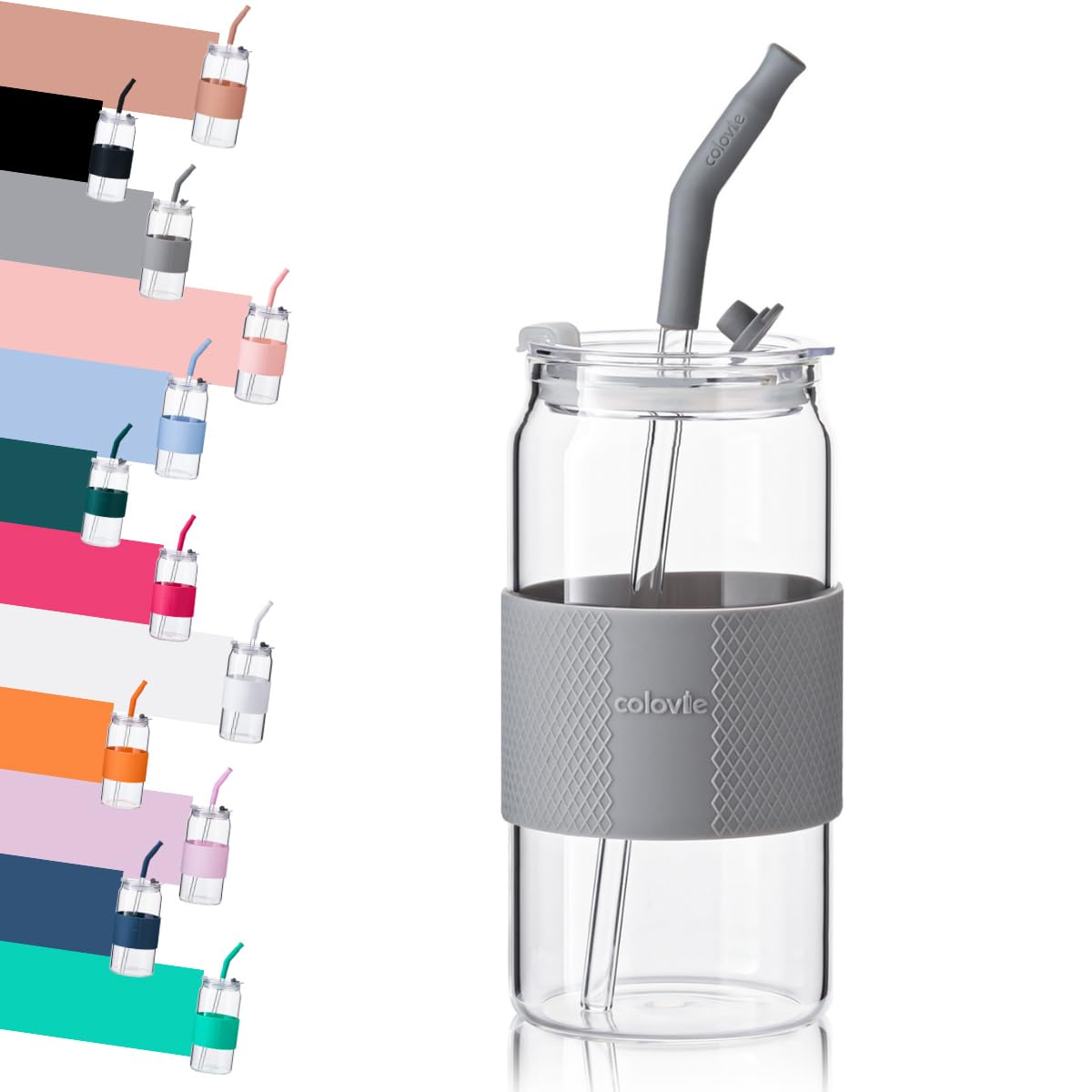 ColoVie Glass Tumbler with 3 IN 1 Lids and Glass Straws(Extra Silicone Tips), Silicone Protective Sleeve, Iced Coffee Cup, Travel Water Bottle, Soda Beer Glass Cups, Hot Tea-White 20oz 1pc