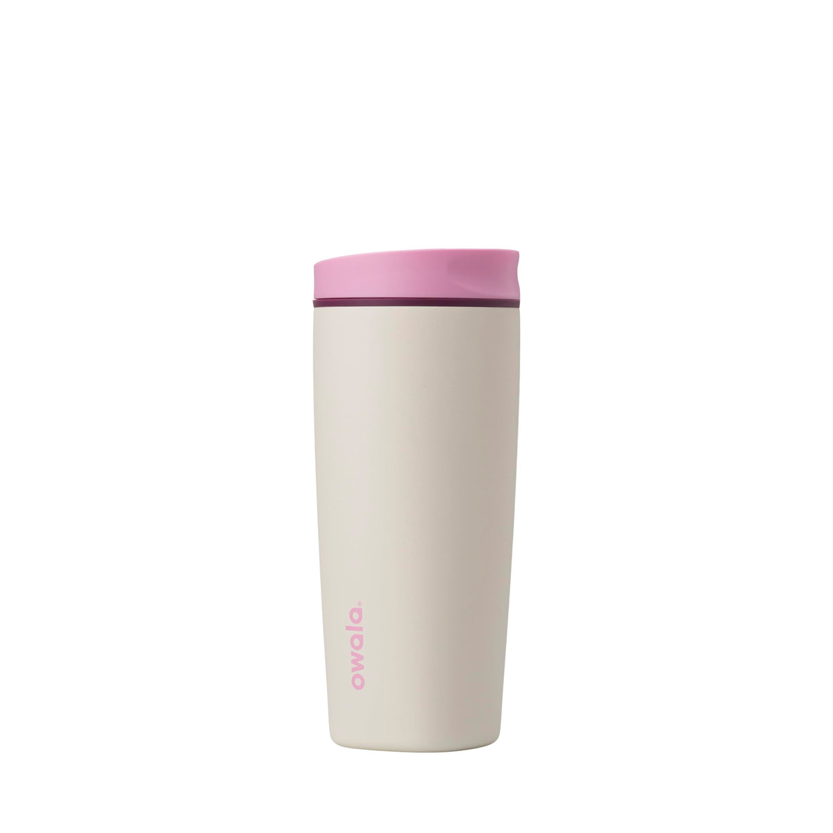 Owala SmoothSip Slider Insulated Stainless Steel Coffee Tumbler, Reusable Iced Coffee Cup, Hot Coffee Travel Mug, BPA Free 12 oz, Pink/Tan (Daybreak)
