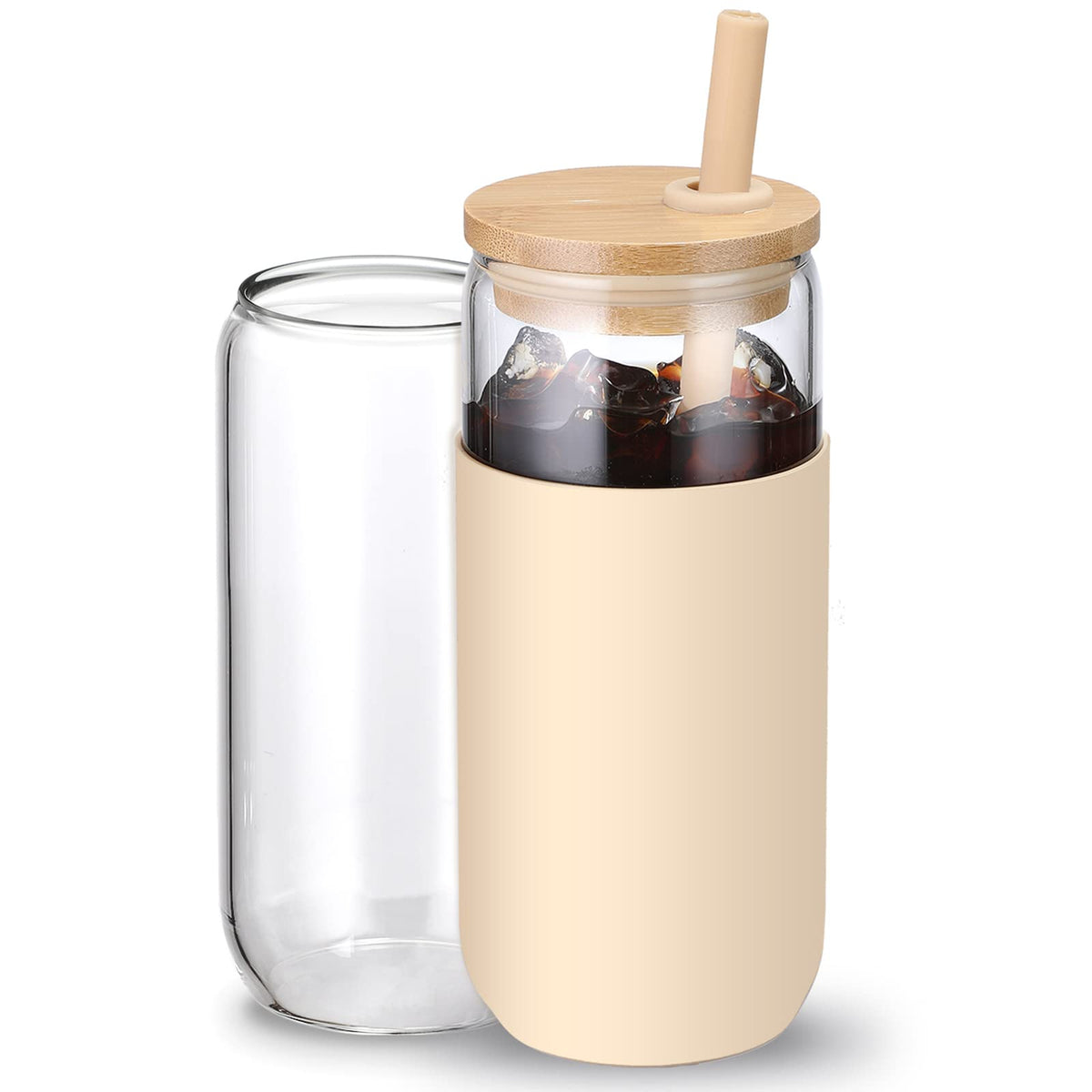 20 OZ Glass Cups with Bamboo Lids and Straws - Beer Can Drinking Glasses with Silicone Protective Sleeve Set, Iced Coffee Glasses, Cute Tumbler Cup for Water, Tea, Gift - Cambridge Blue, Amber