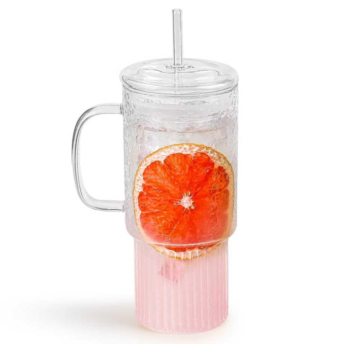 32oz Ribbed Borosilicate Glass Tumbler with Handle, Bamboo Lid and Straw (clear-1 Pack-Bamboo Lid)