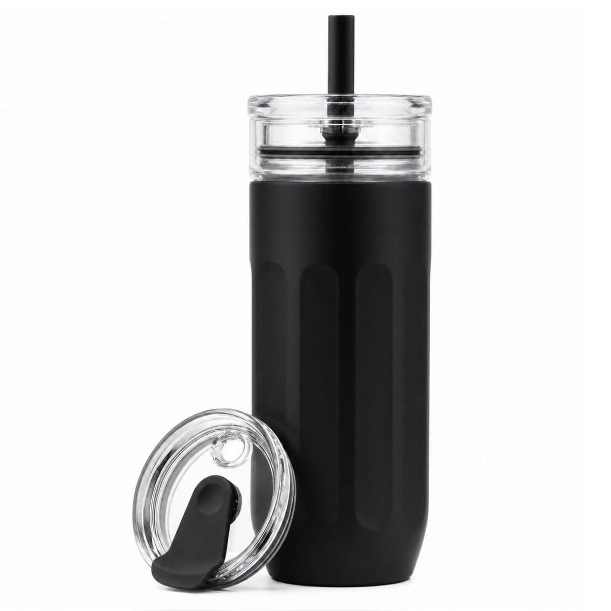chunmo 18 oz Vacuum Insulated Glass Tumbler with Straw Lid & Spout Lid - Keeps Drinks Cold for 12 Hrs - Perfect Size Iced Coffee Cup - Smoothie Cup - Dishwasher Safe