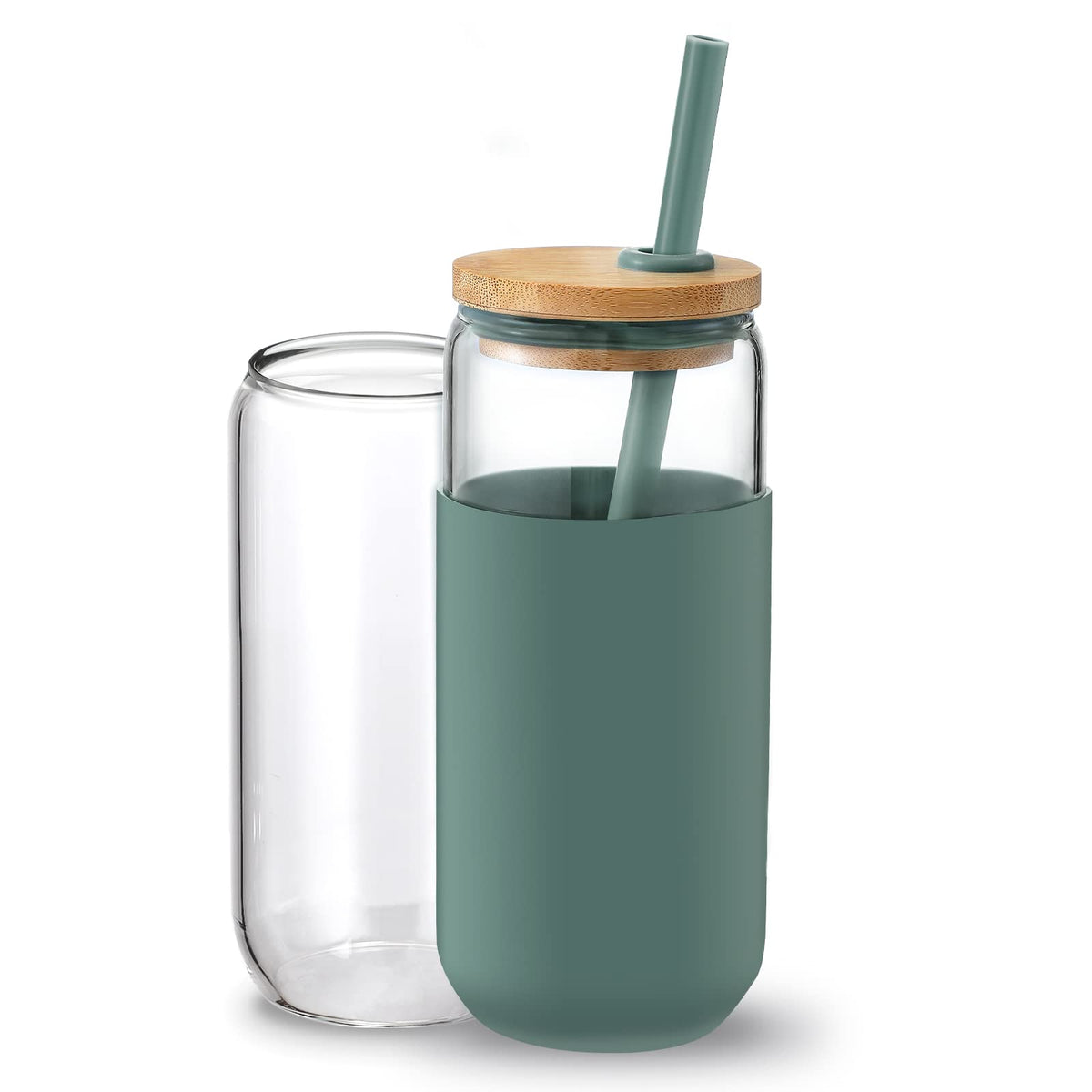 20 OZ Glass Cups with Bamboo Lids and Straws - Beer Can Drinking Glasses with Silicone Protective Sleeve Set, Iced Coffee Glasses, Cute Tumbler Cup for Water, Tea, Gift - Cambridge Blue, Amber