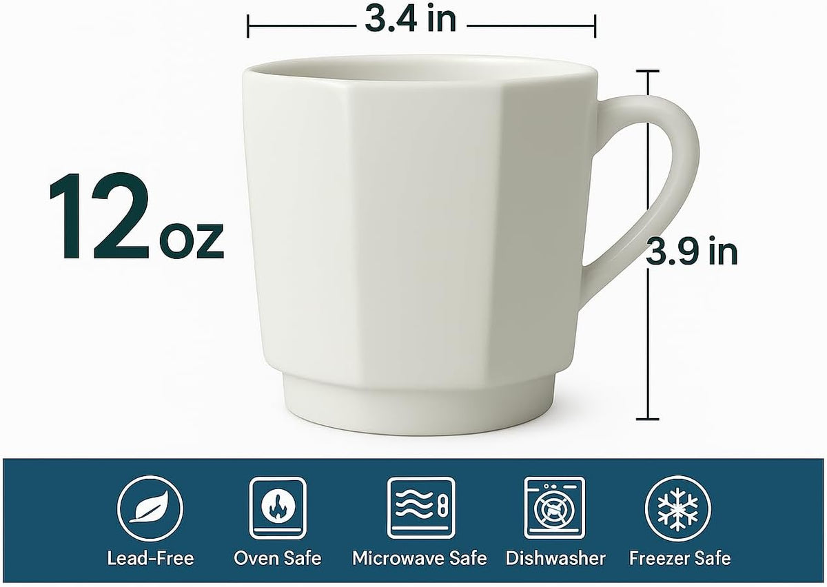 Minimalist White Ceramic Coffee Mug Set of 2 – 12 oz Modern Style Cups – Matte Finish – Elegant Kitchen & Café Aesthetic – Dishwasher Safe - inspired by Italian coffee design