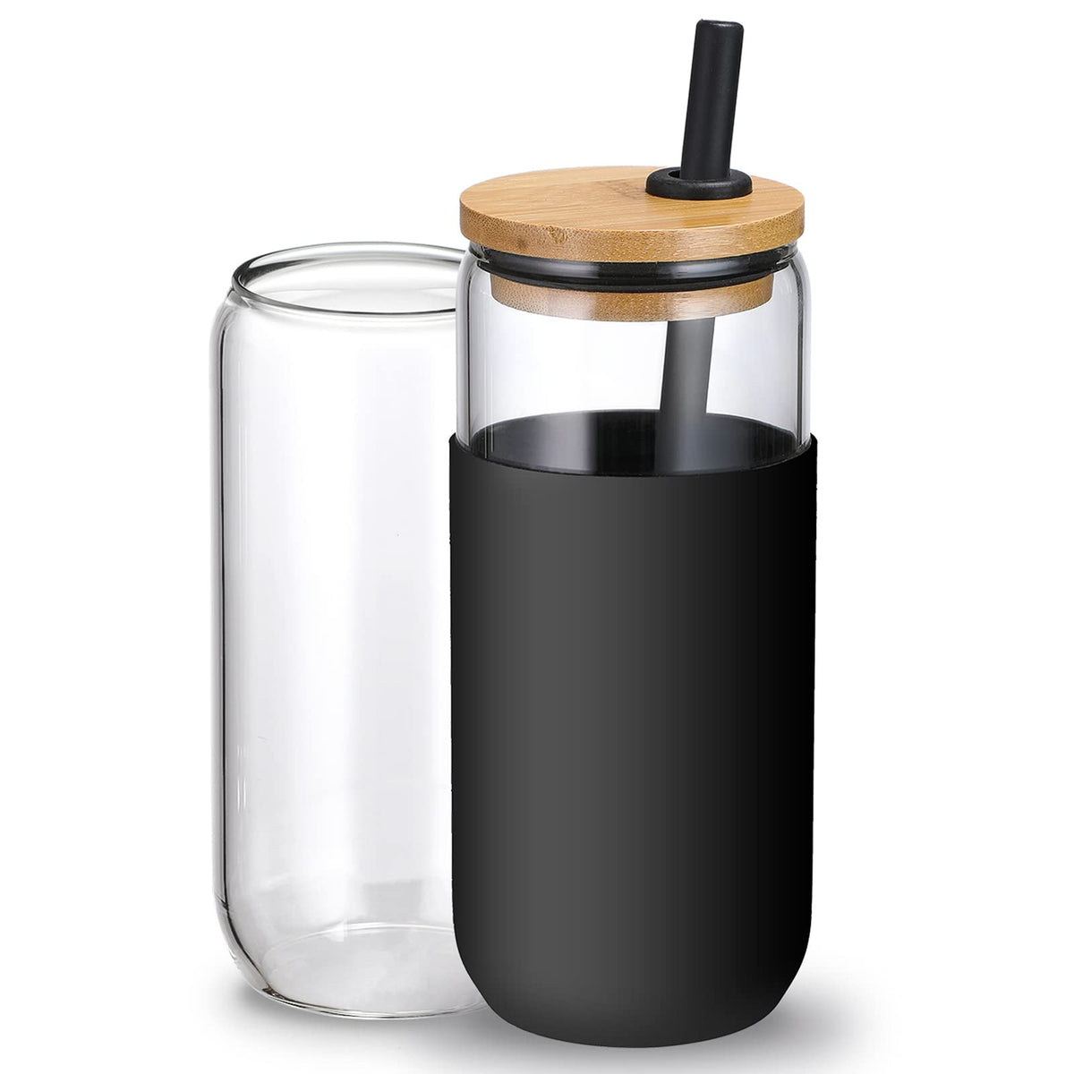 20 OZ Glass Cups with Bamboo Lids and Straws - Beer Can Drinking Glasses with Silicone Protective Sleeve Set, Iced Coffee Glasses, Cute Tumbler Cup for Water, Tea, Gift - Cambridge Blue, Amber