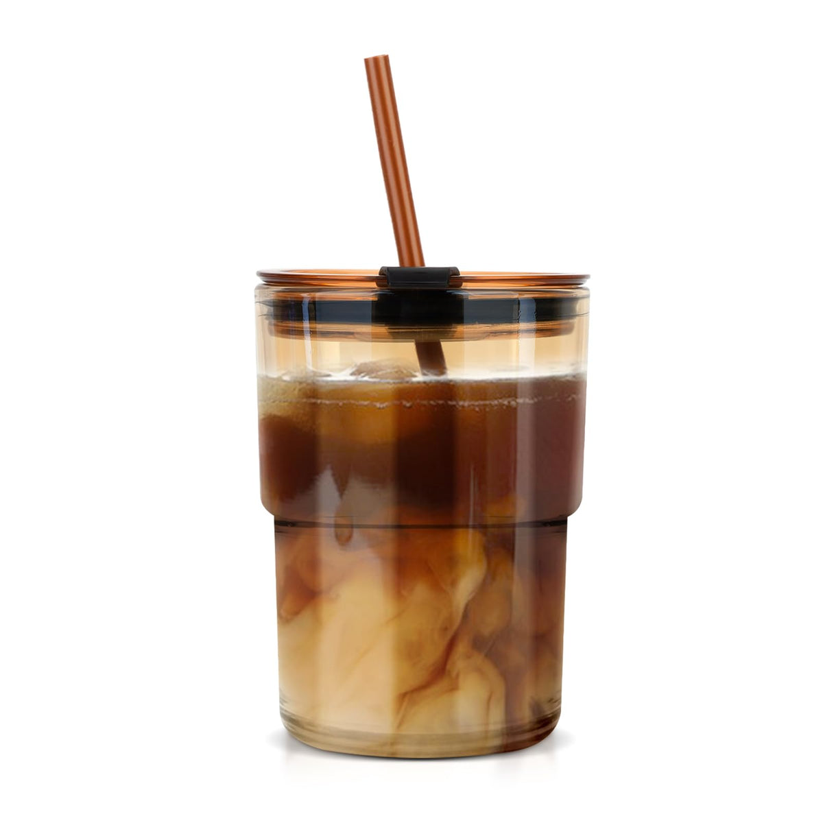 Luxfuel 13 oz Glass Cups with Lids and Straws Reusable Iced Coffee Tumbler