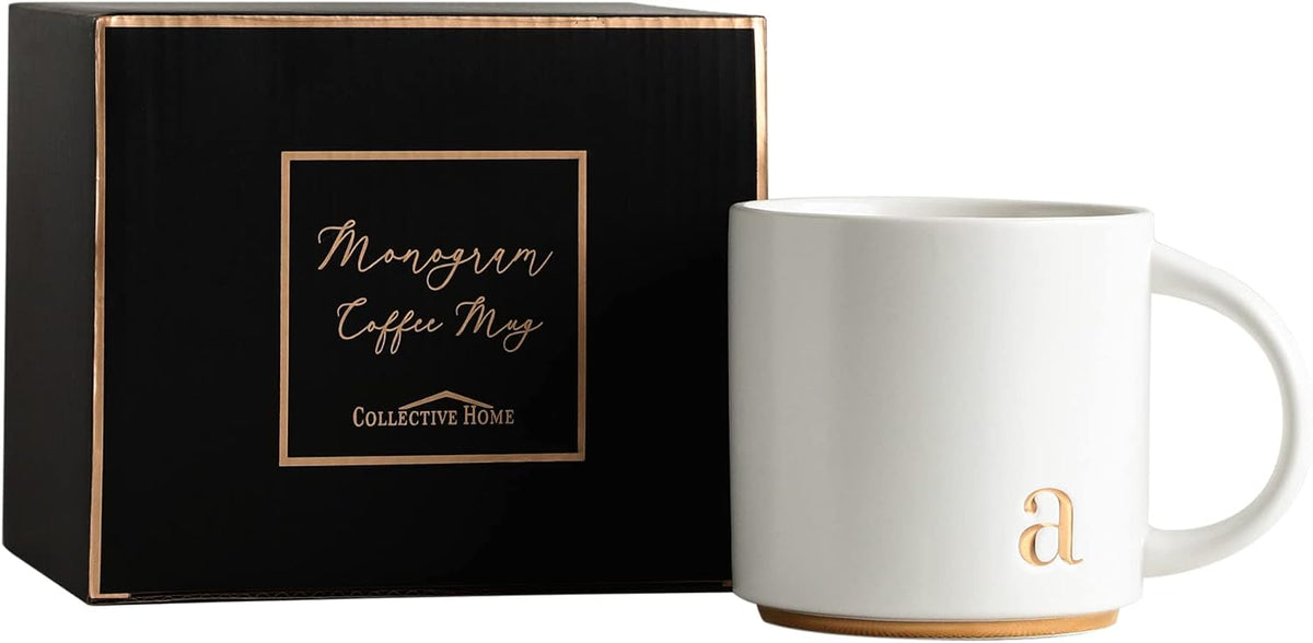 COLLECTIVE HOME Ceramic Coffee Mug, 15 oz Monogram Cup with Gift Box(a)
