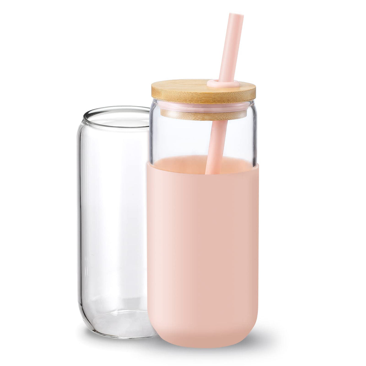 20 OZ Glass Cups with Bamboo Lids and Straws - Beer Can Drinking Glasses with Silicone Protective Sleeve Set, Iced Coffee Glasses, Cute Tumbler Cup for Water, Tea, Gift - Cambridge Blue, Amber
