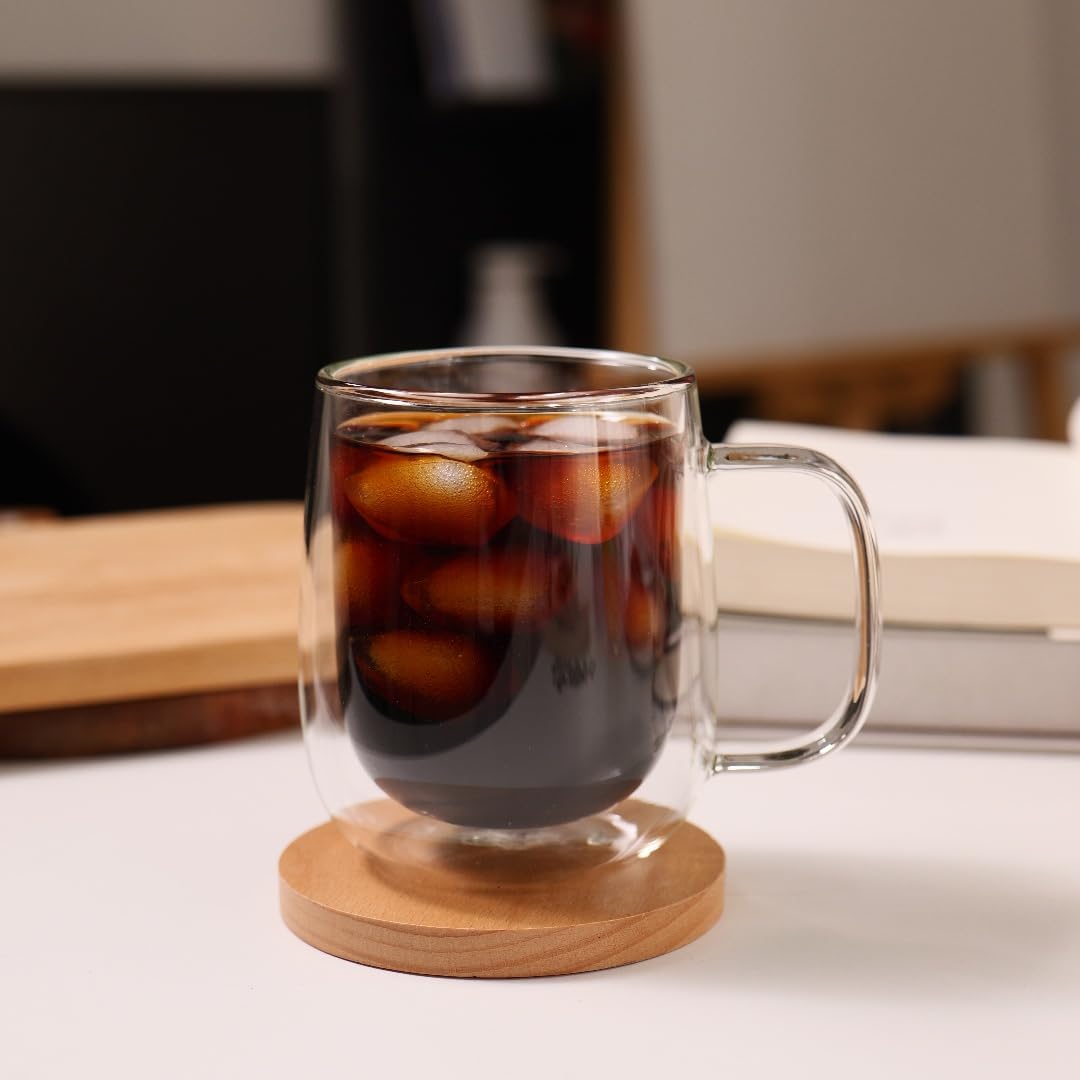 CNGLASS Large Double Wall Glass Coffee Mug 15.2oz,Clear Insulated Glass Espresso Cup with Big Handle,Clear Glass Espresso Mugs for Latte,Cappuccino,Tea Bag,Hot and Cold Beverages,set of 4
