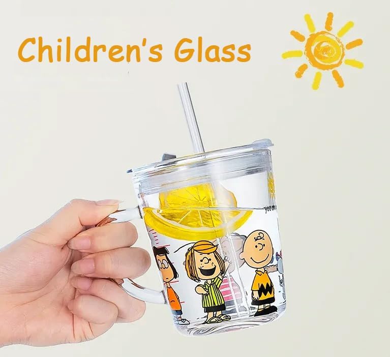 Kids Straw Cup with Lid and Handle,14oz Cute Glass Tumbler with Scale for Water, Tea, Milk Coffee