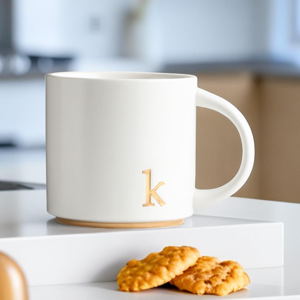 COLLECTIVE HOME Ceramic Coffee Mug, 15 oz Monogram Cup with Gift Box(K)
