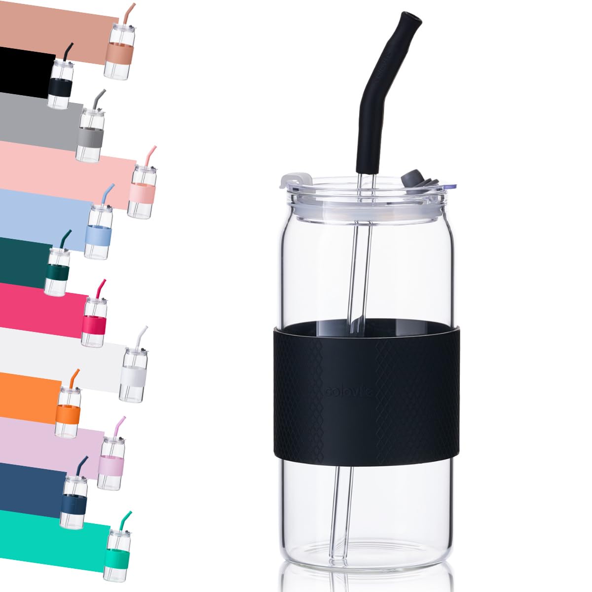ColoVie Glass Tumbler with 3 IN 1 Lids and Glass Straws(Extra Silicone Tips), Silicone Protective Sleeve, Iced Coffee Cup, Travel Water Bottle, Soda Beer Glass Cups, Hot Tea-White 20oz 1pc
