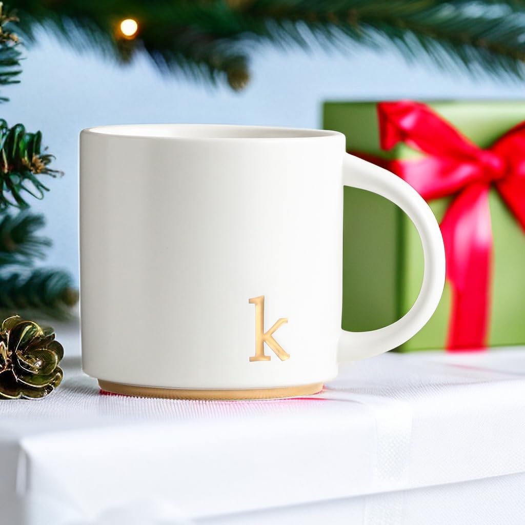 COLLECTIVE HOME Ceramic Coffee Mug, 15 oz Monogram Cup with Gift Box(K)