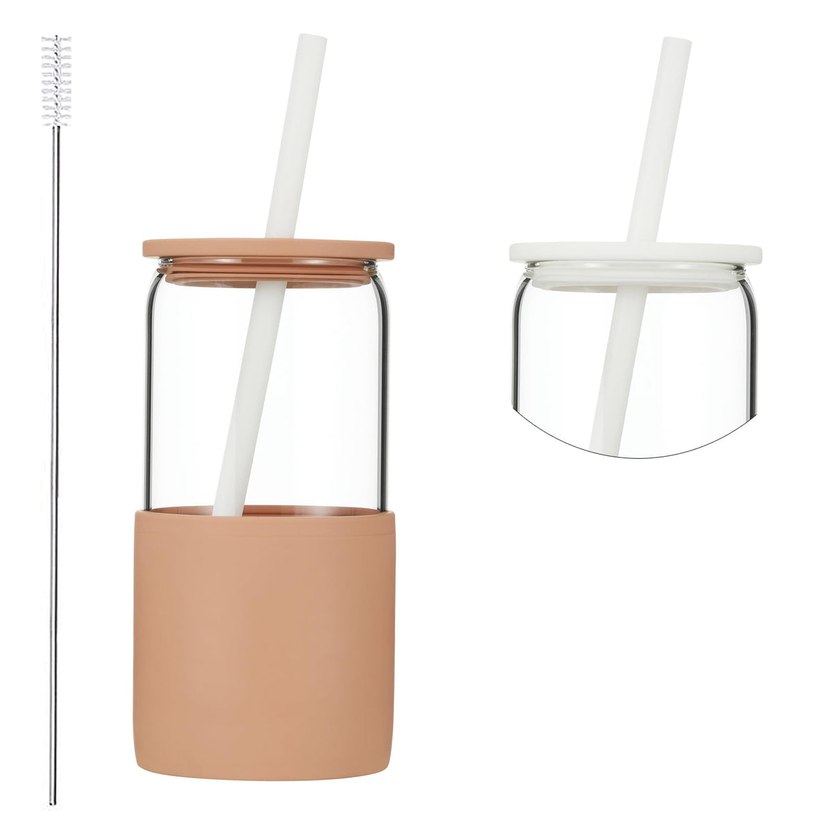 Sunseeke Glass Tumbler with Straw and Lid, 16oz Ice Coffee Cup, Silicone Sleeve Cleaning Brushes, Drinking Glasses for Water, Iced Coffee, Smoothie -BPA Free -3 Pack