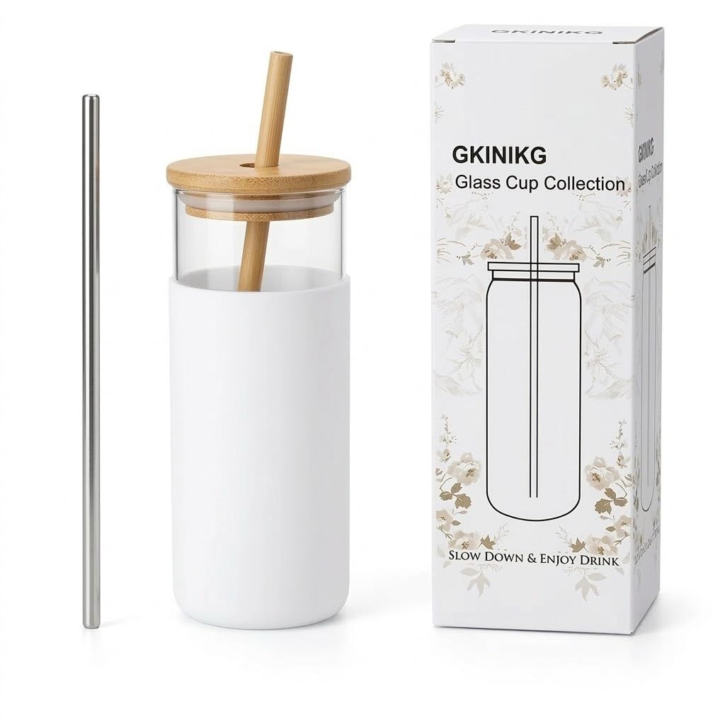 16oz Glass Tumbler with Lid and Straw, Thick Borosilicate Glass Iced Coffee Cup with Protective Silicone Sleeve, Car Cup Holder Friendly Reusable Smoothie Cup for Matcha Tea and Boba, Gift Box Ready