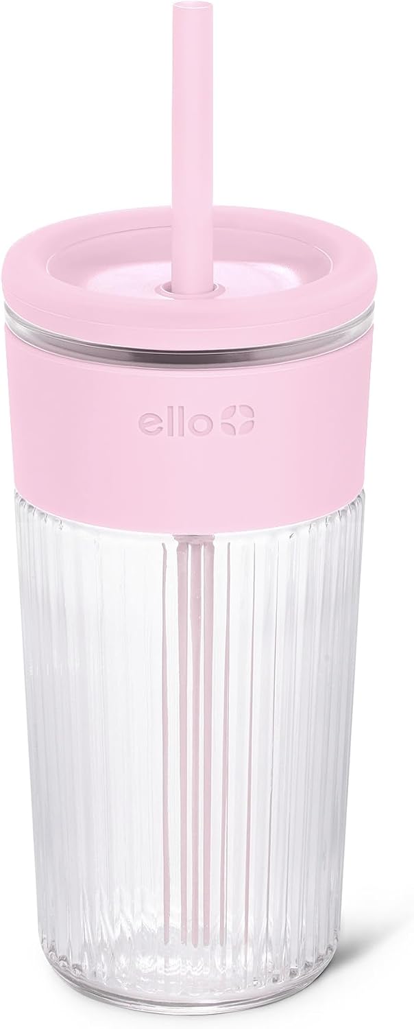 Ello Ava 18oz Glass Tumbler with Straw and Lid for Iced Coffee, Blueberry