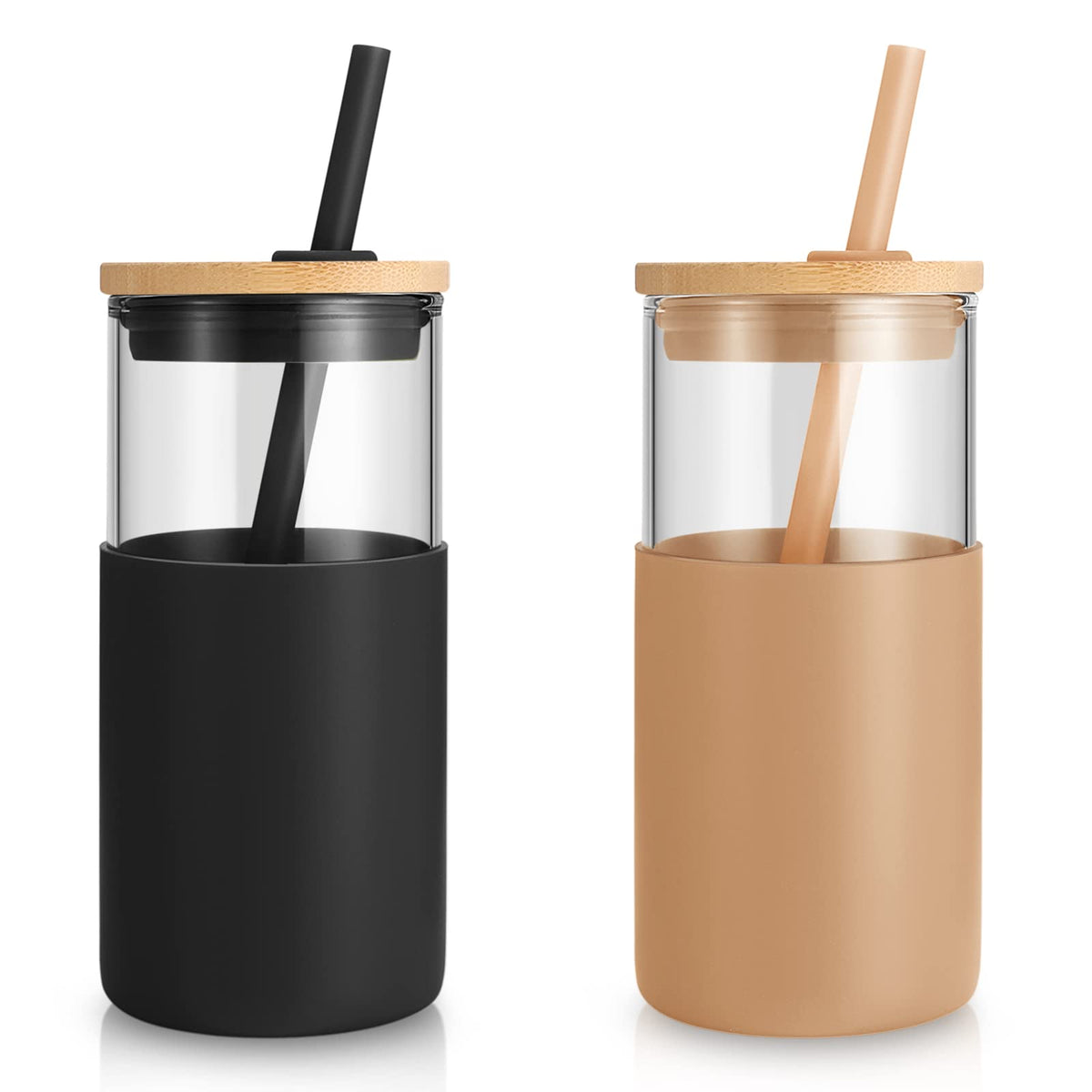 Tronco 24 oz Glass Tumbler with Lids and Straws, Reusable Iced Coffee Cups