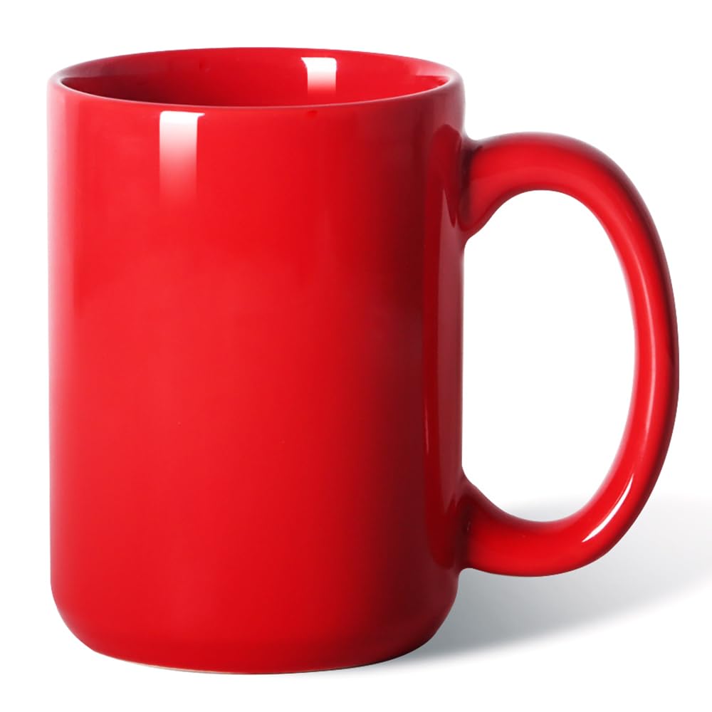 15 OZ Coffee Mug, Classic Blank Ceramic Cup with Large Handle for Tea Latte Cappuccino, Red