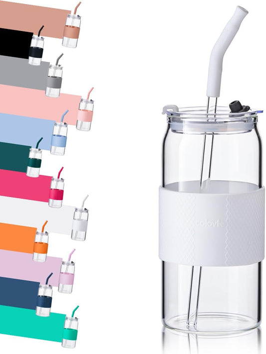 ColoVie Glass Tumbler with 3 IN 1 Lids and Glass Straws(Extra Silicone Tips), Silicone Protective Sleeve, Iced Coffee Cup, Travel Water Bottle, Soda Beer Glass Cups, Hot Tea-White 20oz 1pc