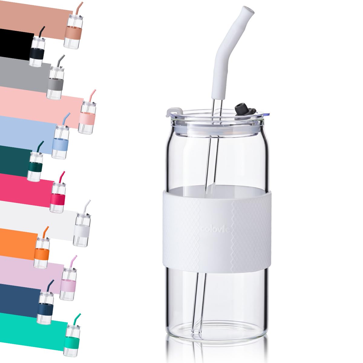 ColoVie Glass Tumbler with 3 IN 1 Lids and Glass Straws(Extra Silicone Tips), Silicone Protective Sleeve, Iced Coffee Cup, Travel Water Bottle, Soda Beer Glass Cups, Hot Tea-White 20oz 1pc