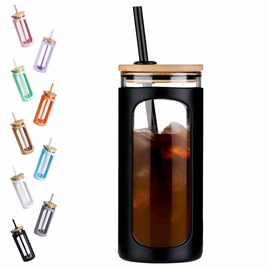 Kodrine 20oz Glass Water Tumbler with Straw and Lid, Bamboo Lids Water Bottle, Iced Coffee Cup Reusable, Wide Mouth Smoothie Cups with Protective Silicone Sleeve BPA FREE-Amber