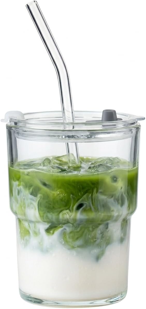 Olvini 13oz Glass Tumbler with Straw and Lid, Reusable Iced Coffee Cup Tumbler, Cute Glass Cups for Water, Matcha, Travel Coffee Mugs (Clear)