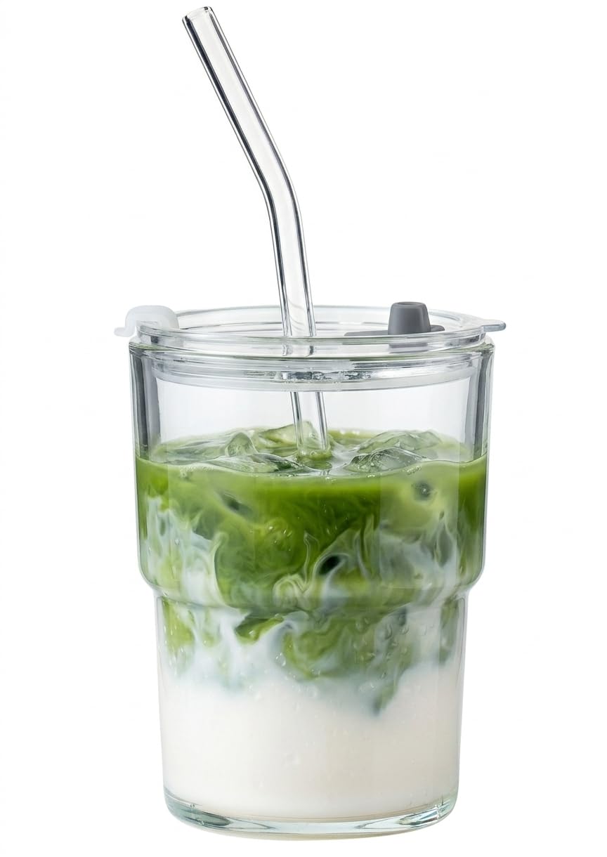 Olvini 13oz Glass Tumbler with Straw and Lid, Reusable Iced Coffee Cup Tumbler, Cute Glass Cups for Water, Matcha, Travel Coffee Mugs (Clear)