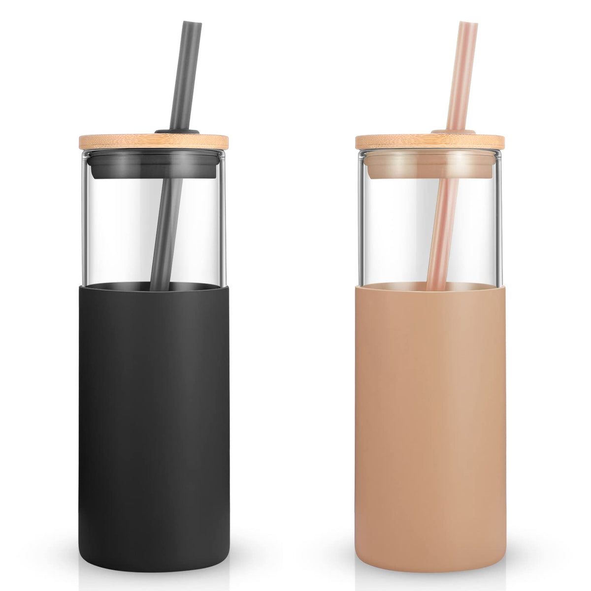 Tronco 24 oz Glass Tumbler with Lids and Straws, Reusable Iced Coffee Cups