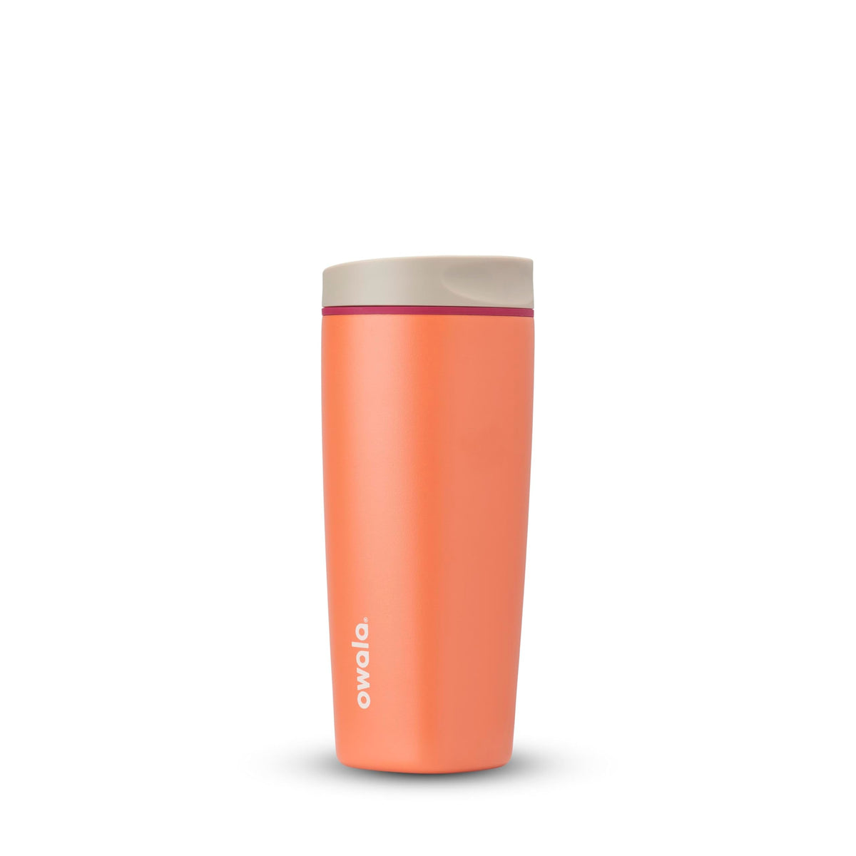 Owala SmoothSip Slider Insulated Stainless Steel Coffee Tumbler, Reusable Iced Coffee Cup, Hot Coffee Travel Mug, BPA Free 12 oz, Pink/Tan (Daybreak)